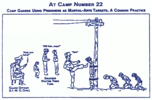 Jeden wielu rysunków wykonanych przez byłego więźnia obozu pracy ukazujący sposób obchodzenia się z ludźmi przez obozowych nadzorców.